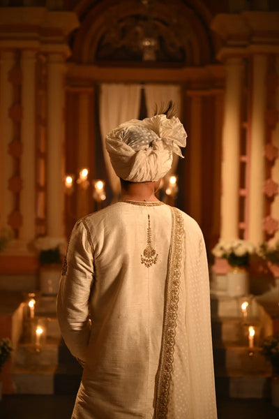 Off White Heavy Embroidery Raw Silk Punjabi