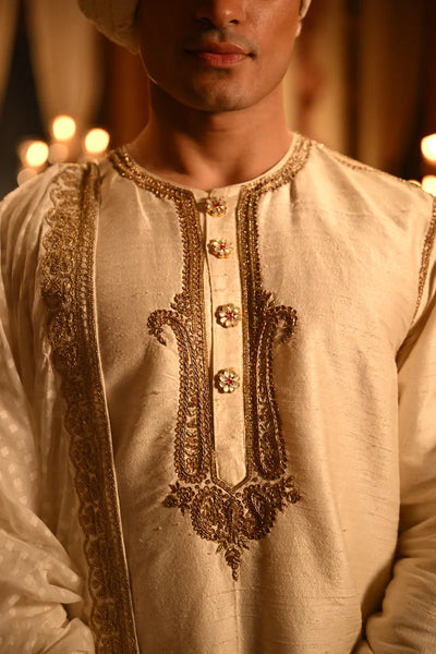 Off White Heavy Embroidery Raw Silk Punjabi