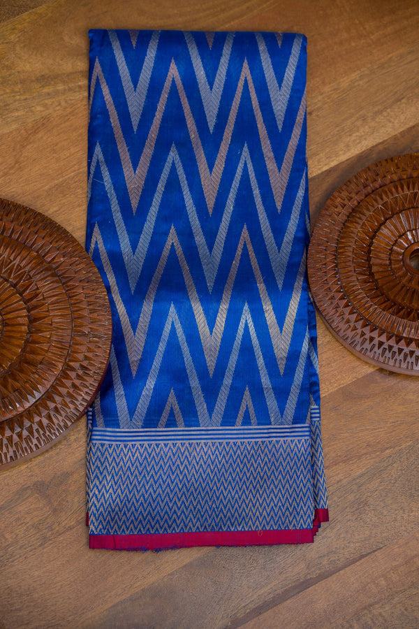 Blue Pattu Silk Chanderi Saree with Zari Chevron Stripes & Statement Border