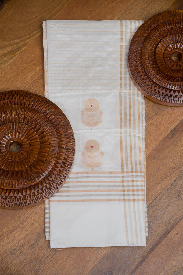 Ivory Chanderi Pattu Silk Saree with Gold & Silver Stripes