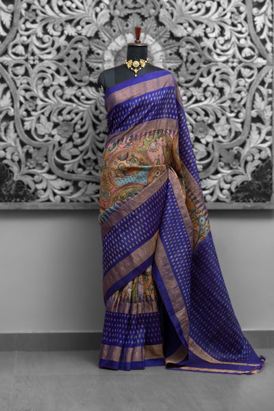 Pure Silk Ikkat Fusion Kalamkari Sarees