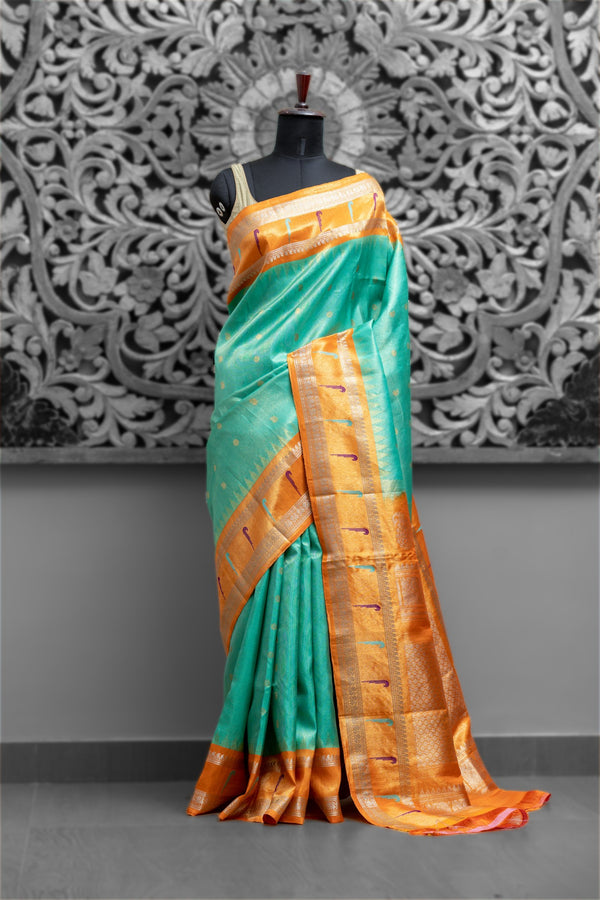 Turquoise & Burnished Orange Munia Tissue Gadwal Saree