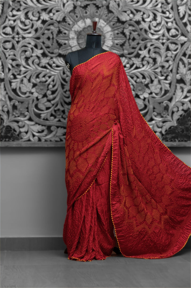 Big Floral Red Rai Bandhni Saree