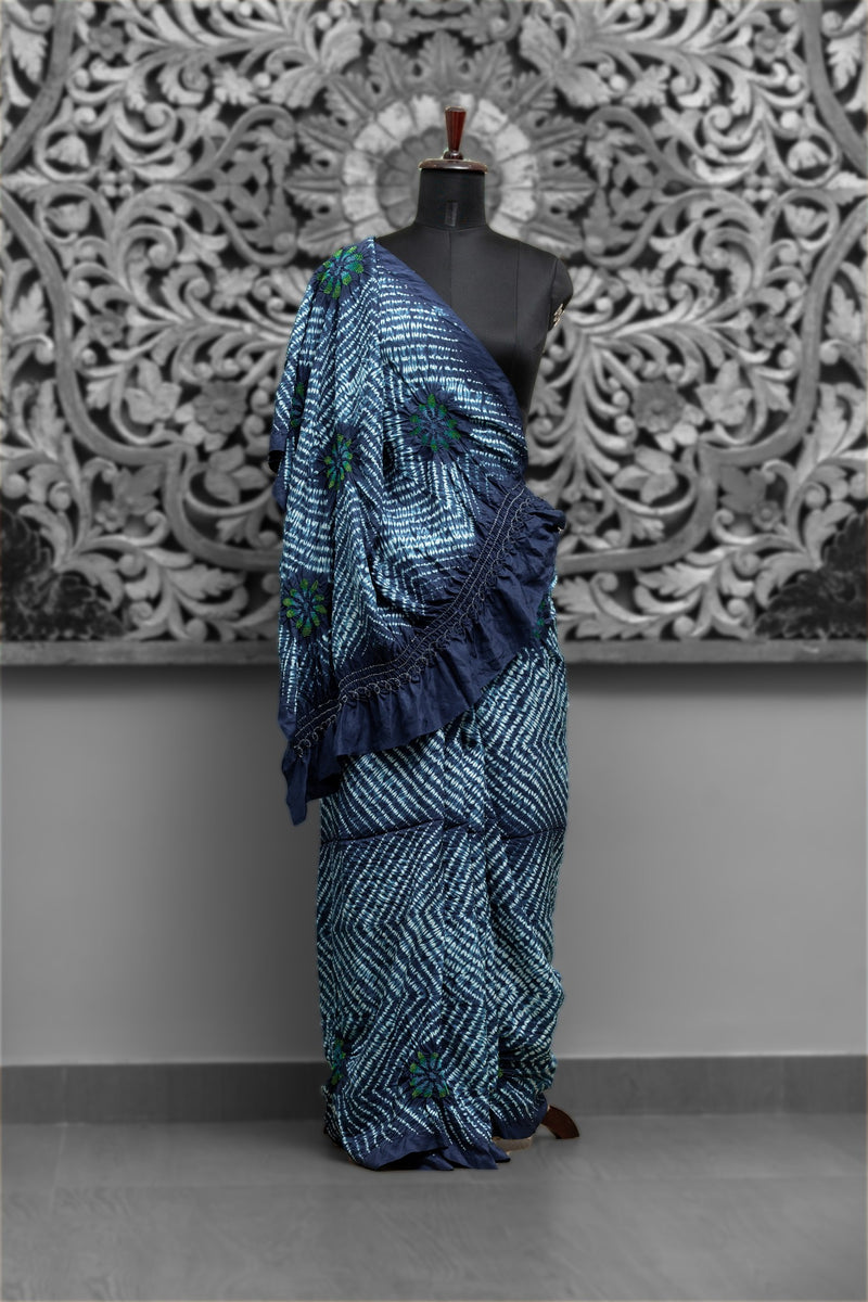 Blue Patterned Rai Bandhni Saree