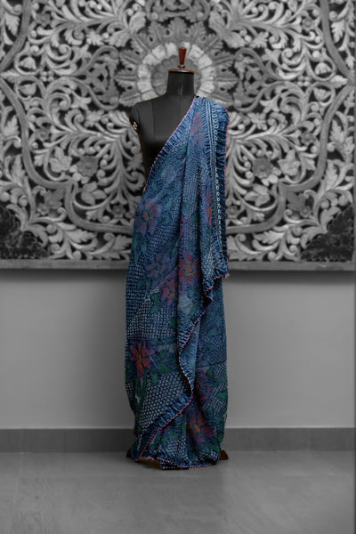Shaded Floral Rai Bandhni Saree