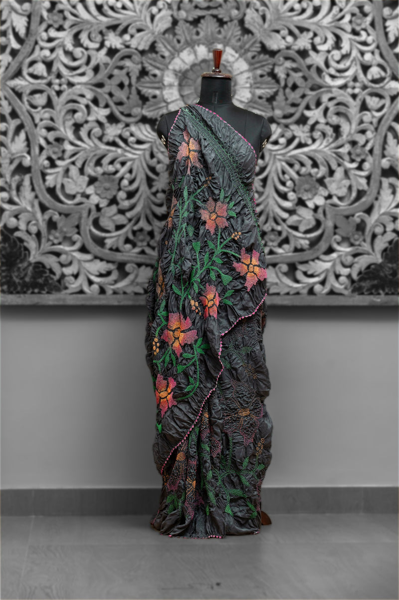 Shaded Pink Floral Rai Bandhni Saree