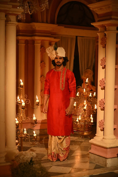 Brick Red Embroidered Raw Silk Punjabi