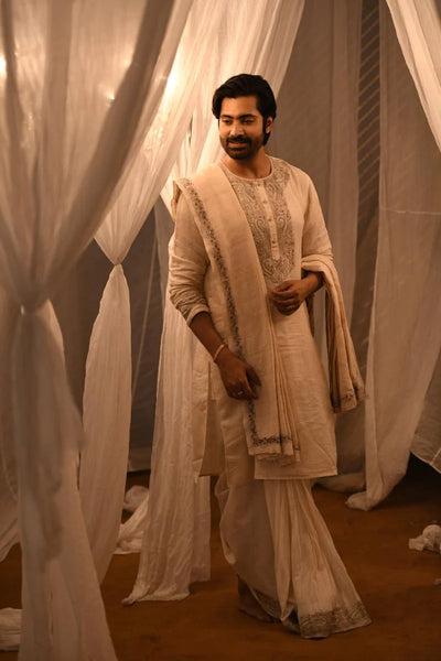 Embroidered Off WhiteTussar Cotton Punjabi