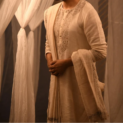 Embroidered Off WhiteTussar Cotton Punjabi