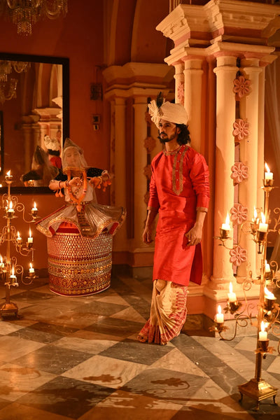 Brick Red Embroidered Raw Silk Punjabi