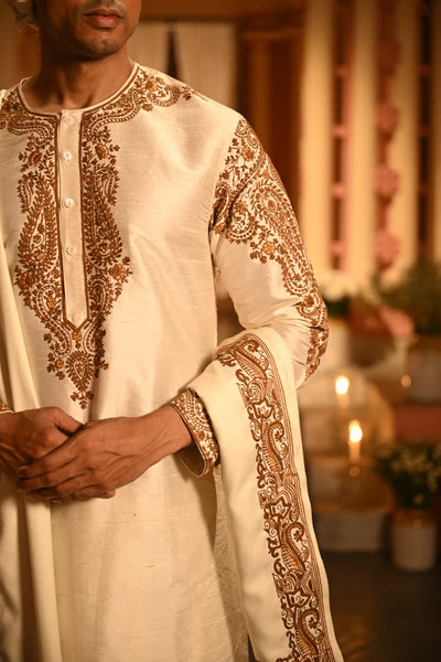 Off White Raw Silk Punjabi with Heavy Embroidery