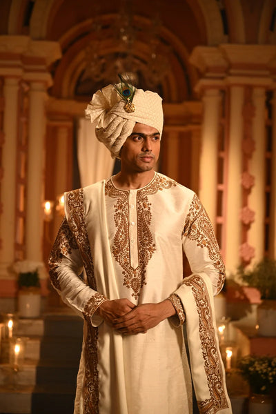 Off White Raw Silk Punjabi with Heavy Embroidery
