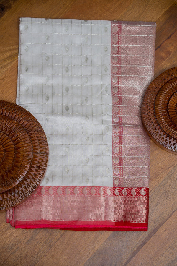 Ivory Pattu Chanderi Silk Saree with Red Border Zari Checks & Butis