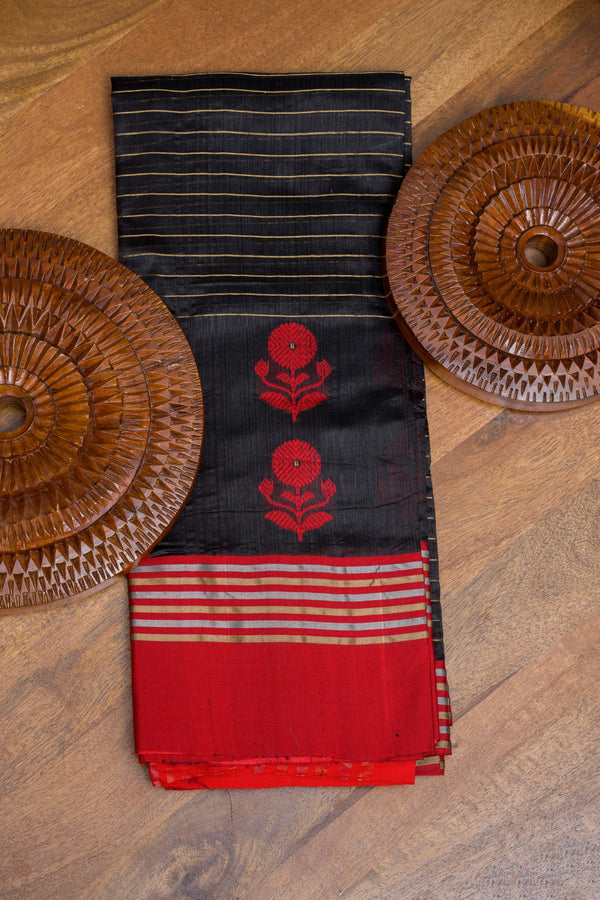 Black & Red Chanderi Pattu Silk Saree with Floral Motifs and Zari Stripes