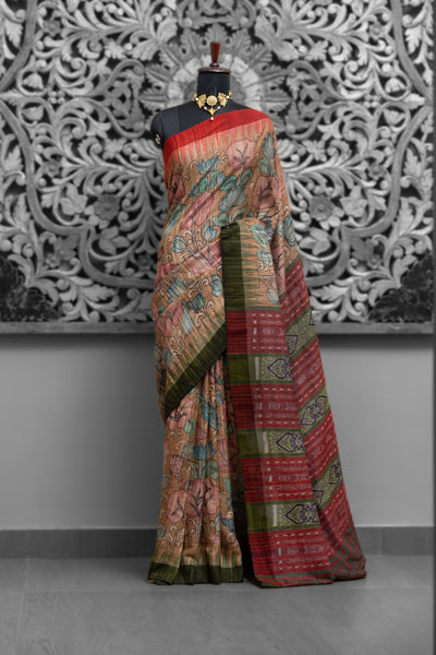Temple Border Ganga Jamuna Ghicha Tussar Kalamkari Sarees