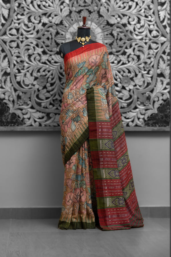 Temple Border Ganga Jamuna Ghicha Tussar Kalamkari Sarees