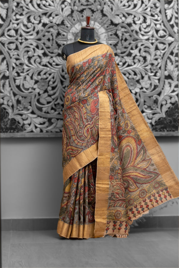 Dark Greyish Blue Tussar Kalamkari Sarees