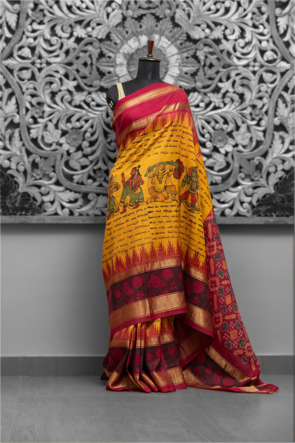Kanjeevaram Fusion Scripted Ikkat Kalamkari Saree
