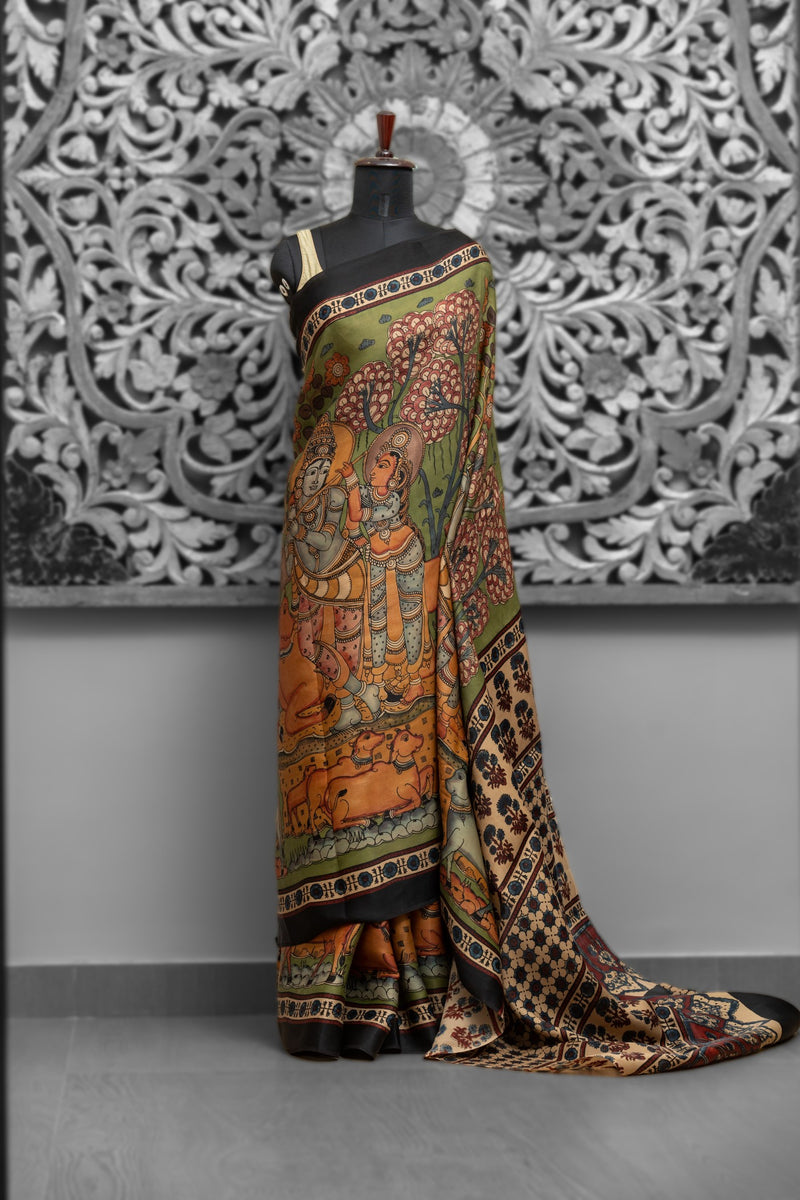 Modal Ajrakh Fusion Kalamkari Saree