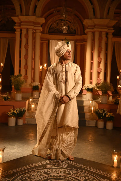 Off White Heavy Embroidery Raw Silk Punjabi