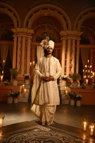 Off White Embroidered Raw Silk Punjabi