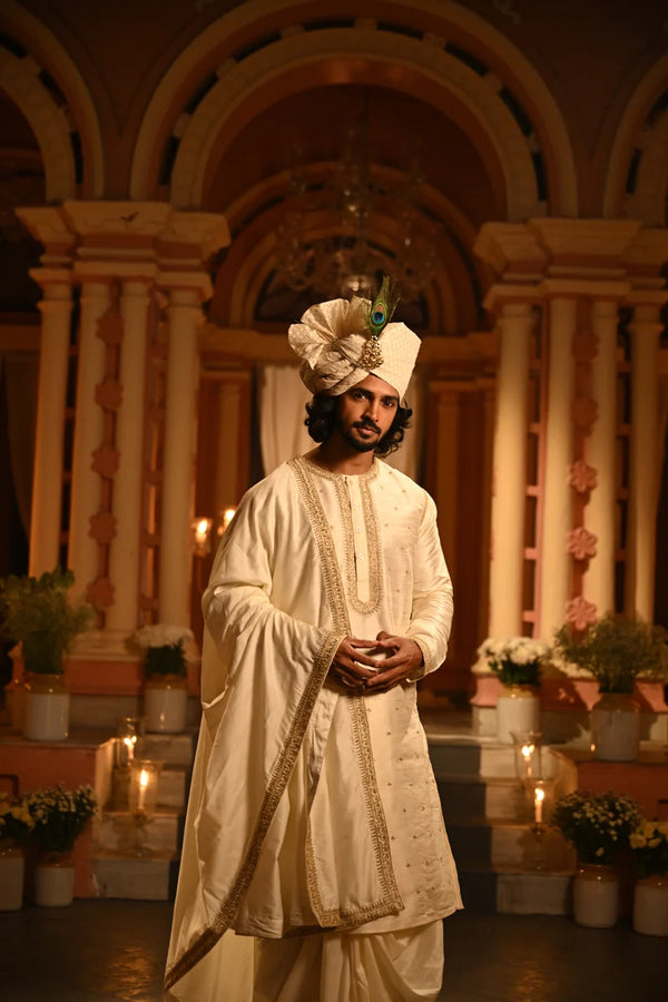 Off White Embroidered Raw Silk Punjabi