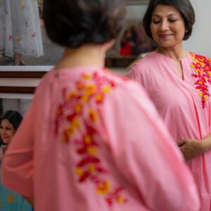 Blush Pink Floral Dress | Hand-Embroidered Shoulder Bloom | Pocket Detail