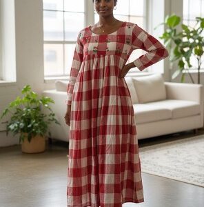 Red-and-cream checkered cotton maxi dress with hand-embroidered floral yoke — Kotpad design