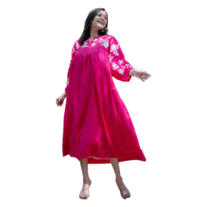 Fuchsia cotton dress with white floral hand embroidery on the yoke and sleeves