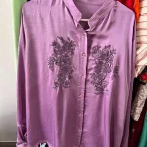 Mauve Modal Shirt | Hand-Embroidered Monochrome Florals | Soft Button-Down Elegance