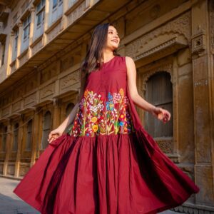 Nirkhi Maroon Dress | Multicolor Hand-Embroidered Florals | Sleeveless Flared Silhouette